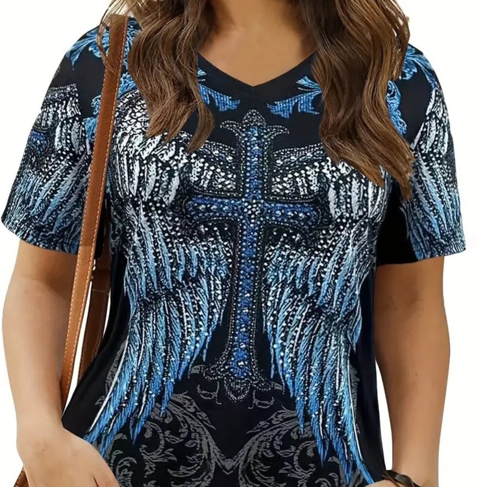 Women Plus Size Feather Print V Neck Vacation Holiday Beach Knit Top 20W & 24W